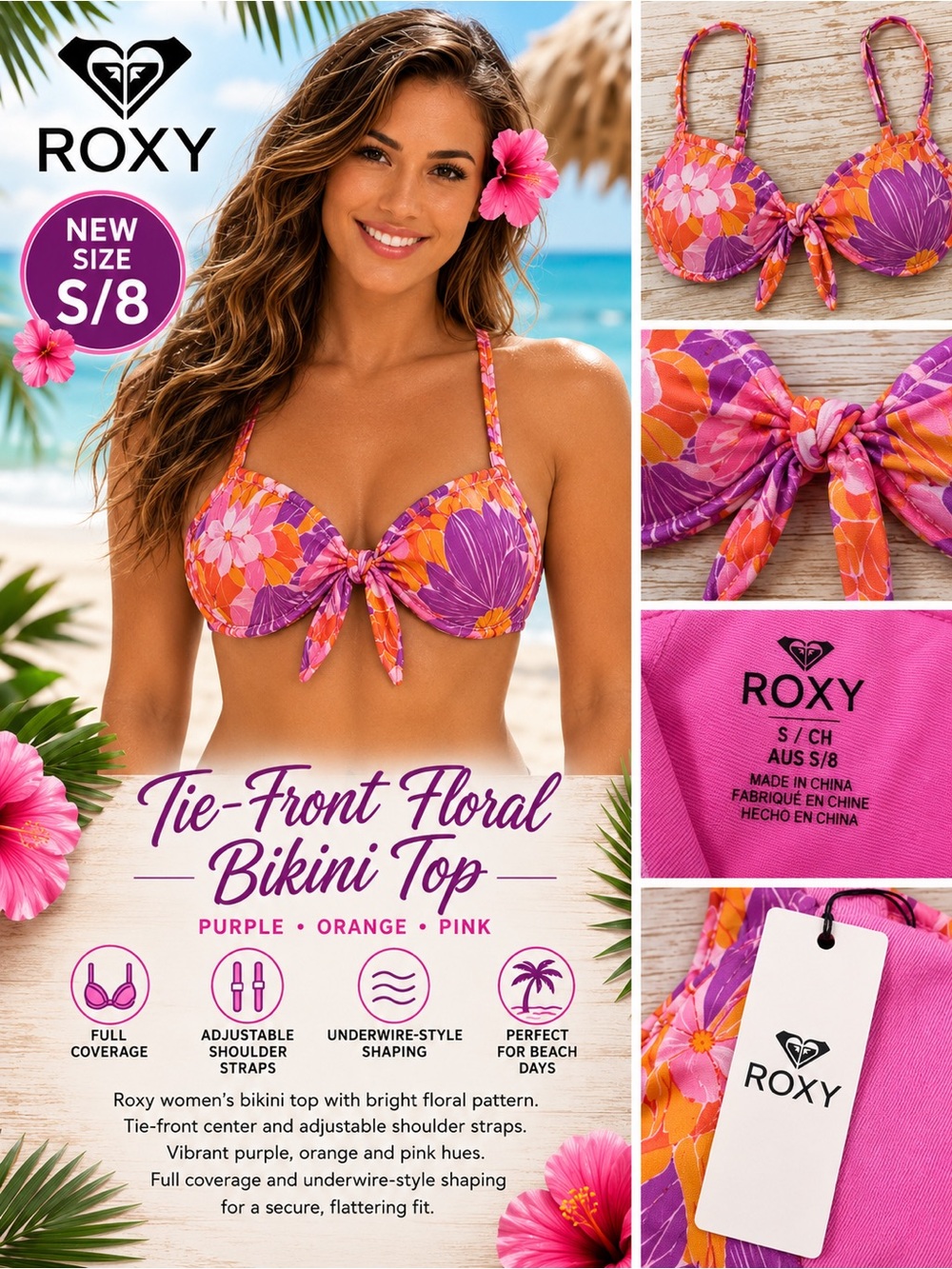 Roxy Tie-Front Floral Bikini Top in Purple, Orange, Pink NEW S/8